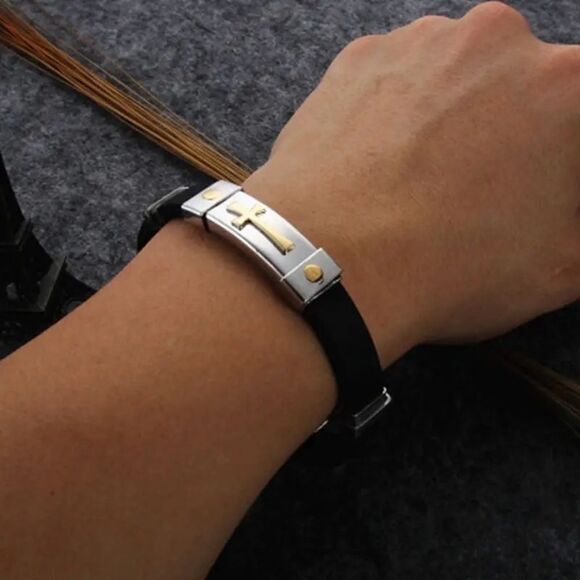 🧑🏻‍🦱OS5🧑🏻‍🦱 Gorgeous Black Silicone Titanium Mens Unisex Bracelet - Picture 6 of 14